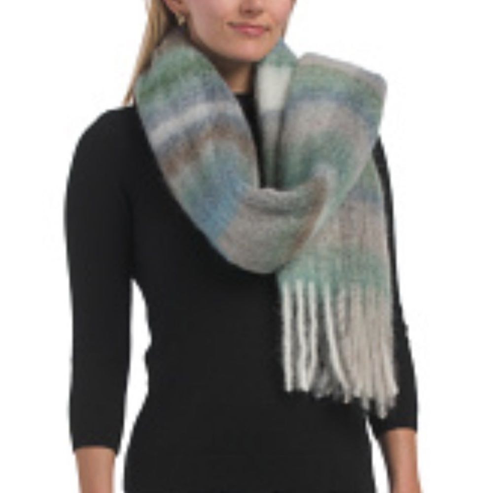 Christina Chiti Shades of Blue Green White Plaid Wool Alpaca Blend Scarf